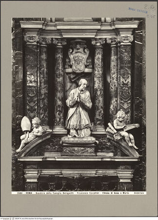 Vorderseite von Alinari [https://www.deutsche-digitale-bibliothek.de/content/lizenzen/rv-ez/] Grabmal des Bischofs Giorgio Bolognetti - Frontalansicht: Giebel und Figuren, bh069716_recto. Foto.