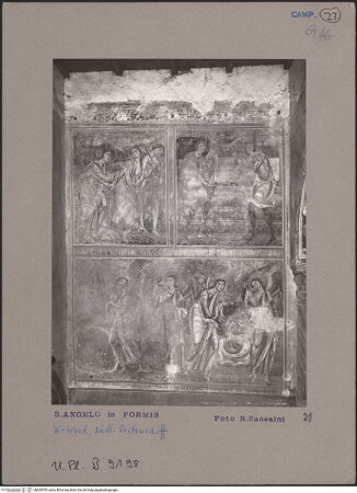 Vorderseite von Bibliotheca Hertziana [https://www.deutsche-digitale-bibliothek.de/content/lizenzen/rv-fz/] Szenen aus dem Alten Testament, Martyriumsszene und Heiligendarstellungen - Südliches Seitenschiff, Westwand (1. Register: Vertreibung Adams und Evas aus dem Paradies; Opfer Kains und Abels, 2. Register: Berufung Gideons; Gideon bringt das Opfer dar), bh069795_recto. Foto: Sansaini, Renato.