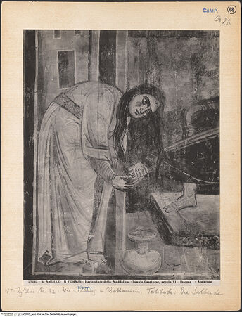 Vorderseite von Alinari [https://www.deutsche-digitale-bibliothek.de/content/lizenzen/rv-ez/] Szenen aus dem Neuen Testament und ProphetenSüdwand: Szenen aus dem Leben Christi und ProphetenUnteres Register: Lehrtätigkeit Christi und Beginn der PassionSalbung in Bethanien - Ausschnitt der linken Seite: Maria (Magdalena), bh069901_recto. Foto: Anderson, Domenico.