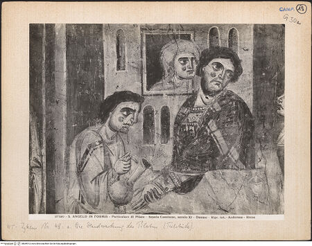 Vorderseite von Alinari [https://www.deutsche-digitale-bibliothek.de/content/lizenzen/rv-ez/] Szenen aus dem Neuen Testament und ProphetenNordwand: Szenen aus dem Leben Christi und ProphetenUnteres Register: Passion und Erscheinungen ChristiHandwaschung des Pilatus und Kreuztragung - Handwaschung, obere Hälfte, bh069913_recto. Foto: Anderson, Domenico.