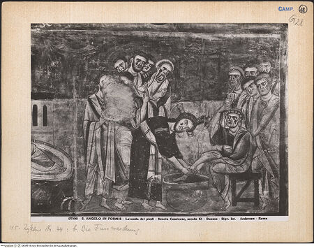 Vorderseite von Alinari [https://www.deutsche-digitale-bibliothek.de/content/lizenzen/rv-ez/] Szenen aus dem Neuen Testament und ProphetenSüdwand: Szenen aus dem Leben Christi und ProphetenUnteres Register: Lehrtätigkeit Christi und Beginn der PassionFusswaschung - Gesamtansicht, bh069918_recto. Foto: Anderson, Domenico.