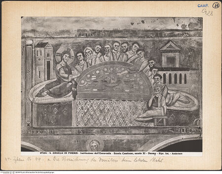 Vorderseite von Alinari [https://www.deutsche-digitale-bibliothek.de/content/lizenzen/rv-ez/] Szenen aus dem Neuen Testament und ProphetenSüdwand: Szenen aus dem Leben Christi und ProphetenUnteres Register: Lehrtätigkeit Christi und Beginn der PassionAbendmahl - Gesamtansicht, bh069919_recto. Foto: Anderson, Domenico.