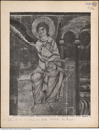 Vorderseite von Alinari [https://www.deutsche-digitale-bibliothek.de/content/lizenzen/rv-ez/] Szenen aus dem Neuen Testament und ProphetenNordwand: Szenen aus dem Leben Christi und ProphetenUnteres Register: Passion und Erscheinungen ChristiDie frommen Frauen am Grab - Detail: Engel, bh069926_recto. Foto: Anderson, Domenico.