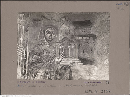 Vorderseite von Bibliotheca Hertziana [https://www.deutsche-digitale-bibliothek.de/content/lizenzen/rv-fz/] Majestas Domini mit Evangelistensymbolen, Erzengeln, Stifter und HeiligemMittleres Register: drei Erzengel zwischen dem Abt Desiderius von Montecassino und dem heiligen Benedikt von Nursia - Detail: Abt Desiderius von Montecassino, bh069962_recto. Foto: Sansaini, Renato.