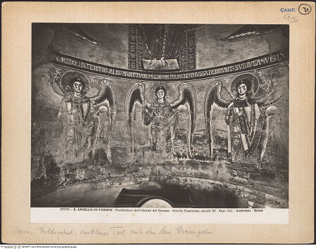 Vorderseite von Alinari [https://www.deutsche-digitale-bibliothek.de/content/lizenzen/rv-ez/] Majestas Domini mit Evangelistensymbolen, Erzengeln, Stifter und HeiligemMittleres Register: drei Erzengel zwischen dem Abt Desiderius von Montecassino und dem heiligen Benedikt von Nursia - Gesamtansicht des Registers, bh069971_recto. Foto: Anderson, Domenico.