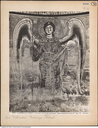 Vorderseite von Alinari [https://www.deutsche-digitale-bibliothek.de/content/lizenzen/rv-ez/] Majestas Domini mit Evangelistensymbolen, Erzengeln, Stifter und HeiligemMittleres Register: drei Erzengel zwischen dem Abt Desiderius von Montecassino und dem heiligen Benedikt von Nursia - Detail: Erzengel Michael, bh069972_recto. Foto: Anderson, Domenico.