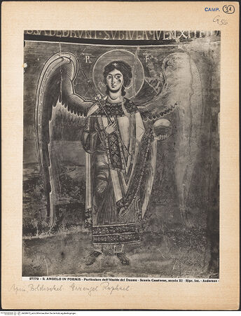 Vorderseite von Alinari [https://www.deutsche-digitale-bibliothek.de/content/lizenzen/rv-ez/] Majestas Domini mit Evangelistensymbolen, Erzengeln, Stifter und HeiligemMittleres Register: drei Erzengel zwischen dem Abt Desiderius von Montecassino und dem heiligen Benedikt von Nursia - Detail: Erzengel Raphael, bh069973_recto. Foto: Anderson, Domenico.
