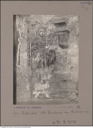 Vorderseite von Bibliotheca Hertziana [https://www.deutsche-digitale-bibliothek.de/content/lizenzen/rv-fz/] Majestas Domini mit Evangelistensymbolen, Erzengeln, Stifter und HeiligemMittleres Register: drei Erzengel zwischen dem Abt Desiderius von Montecassino und dem heiligen Benedikt von Nursia - Detail: Desiderio von Montecassino, bh069974_recto. Foto: Sansaini, Renato.