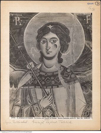 Vorderseite von Alinari [https://www.deutsche-digitale-bibliothek.de/content/lizenzen/rv-ez/] Majestas Domini mit Evangelistensymbolen, Erzengeln, Stifter und HeiligemMittleres Register: drei Erzengel zwischen dem Abt Desiderius von Montecassino und dem heiligen Benedikt von Nursia - Erzengel Raphael, Detail: Kopf und Oberkörper, bh069976_recto. Foto: Anderson, Domenico.