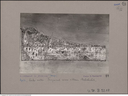 Vorderseite von Bibliotheca Hertziana [https://www.deutsche-digitale-bibliothek.de/content/lizenzen/rv-fz/] Majestas Domini mit Evangelistensymbolen, Erzengeln, Stifter und HeiligemUnteres Register: Fragmente einer dekorativen Sockelmalerei - Ausschnitt der linken Seite: Fragment mit Rankenfries, stilisiertem Eierstab und Zahnschnitt, bh069978_recto. Foto: Sansaini, Renato.