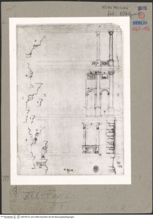 Vorderseite von Kunstbibliothek [https://www.deutsche-digitale-bibliothek.de/content/lizenzen/rv-ez/] Codex Destailleur DTorre del Monte: Teil der Fassade und Profile der Gesimse - , bh070215_recto. Foto.