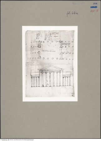 Vorderseite von Kunstbibliothek [https://www.deutsche-digitale-bibliothek.de/content/lizenzen/rv-ez/] Codex Destailleur DPorticus Octaviae: Grundriss und Aufriss des Portikus sowie Profile von Archivolte und Gesims - , bh070227_recto. Foto.