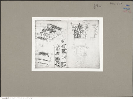 Vorderseite von Kunstbibliothek [https://www.deutsche-digitale-bibliothek.de/content/lizenzen/rv-ez/] Codex Destailleur DNerva-Forum: Konsolgebälk, gegenständliche Ornamente in zwei Registern, korinthisches Pilasterkapitell - Gesamtansicht, bh070238_recto. Foto.