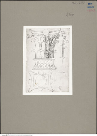 Vorderseite von Kunstbibliothek [https://www.deutsche-digitale-bibliothek.de/content/lizenzen/rv-ez/] Codex Destailleur DSerapis-Tempel: Maßaufnahme eines korinthischen Pilasterkapitells, bootsförmiges Brunnenbecken - , bh070239_recto. Foto.