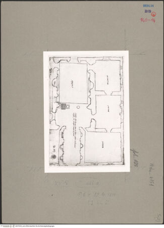 Vorderseite von Kunstbibliothek [https://www.deutsche-digitale-bibliothek.de/content/lizenzen/rv-ez/] Codex Destailleur DPalazzo della Farnesina: Teilgrundriss mit Benennung der Räume - , bh070242_recto. Foto.