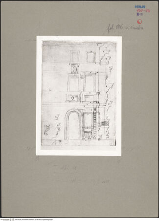 Vorderseite von Kunstbibliothek [https://www.deutsche-digitale-bibliothek.de/content/lizenzen/rv-ez/] Codex Destailleur DPalazzo Niccolini: Zwei Achsen der Fassade und Profile der Gesimse - , bh070243_recto. Foto.