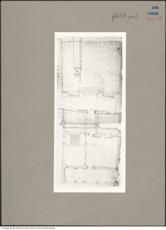Vorderseite von Kunstbibliothek [https://www.deutsche-digitale-bibliothek.de/content/lizenzen/rv-ez/] Codex Destailleur DVilla Lante: Fassade und Grundrisse von Gebäude und Hofumfassung - die unteren beiden Teilblätter, bh070249_recto. Foto.