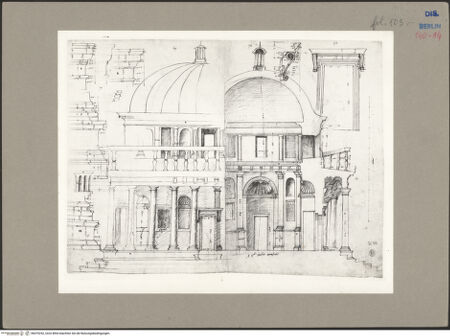 Vorderseite von Kunstbibliothek [https://www.deutsche-digitale-bibliothek.de/content/lizenzen/rv-ez/] Codex Destailleur DS. Pietro in Montorio: Tempietto: Aufriss, Schnitt und Details - , bh070252_recto. Foto.