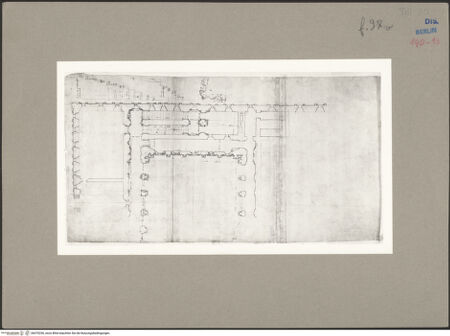 Vorderseite von Kunstbibliothek [https://www.deutsche-digitale-bibliothek.de/content/lizenzen/rv-ez/] Codex Destailleur DPalazzo Farnese: Grundriss des Obergeschosses und Maßskizze zum Treppenprofil - Gesamtansicht, bh070256_recto. Foto.