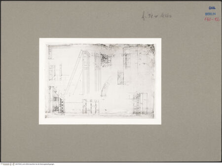 Vorderseite von Kunstbibliothek [https://www.deutsche-digitale-bibliothek.de/content/lizenzen/rv-ez/] Codex Destailleur DSt. Peter: Gebälk und Basis der 12-palmi-Ordnung, Kapitellzone und dorische Kämpferordnung, Ädikula des Innenraums; Palazzo Farnese: Skizze zu Michelangelos Gesims - rechte Blattseite, bh070262_recto. Foto.