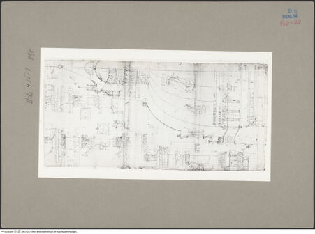Vorderseite von Kunstbibliothek [https://www.deutsche-digitale-bibliothek.de/content/lizenzen/rv-ez/] Codex Destailleur DSt. Peter: Schnitt durch die Kuppel mit vielen Detailzeichnungen - Gesamtansicht, bh070267_recto. Foto.