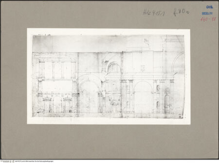 Vorderseite von Kunstbibliothek [https://www.deutsche-digitale-bibliothek.de/content/lizenzen/rv-ez/] Codex Destailleur DSt. Peter: Längsschnitt durch Loggia und Ostarm - , bh070274_recto. Foto.