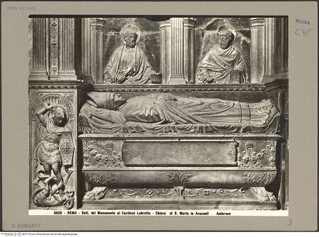 Vorderseite von Alinari [https://www.deutsche-digitale-bibliothek.de/content/lizenzen/rv-ez/] Grabmal des Kardinals Louis d'Albret (auch: Ludovico de Lebretto, +1465)Sarkophag mit Liegefigur - Sarkophag und Liegefigur, bh071010_recto. Foto.