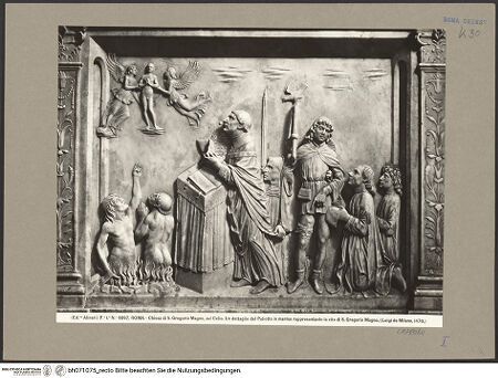 Vorderseite von Alinari [https://www.deutsche-digitale-bibliothek.de/content/lizenzen/rv-ez/] Antependium mit Szenen aus dem Leben des Heiligen Gregorius MagnoRechtes Relief: Der Heilige Gregor befreit zwei Seelen aus dem Fegefeuer und der heilige Rochus - Gesamtansicht, bh071075_recto. Foto.