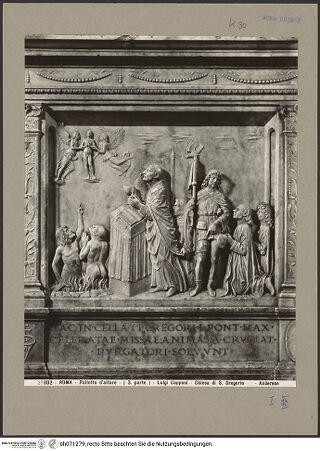 Vorderseite von Alinari [https://www.deutsche-digitale-bibliothek.de/content/lizenzen/rv-ez/] Antependium mit Szenen aus dem Leben des Heiligen Gregorius MagnoRechtes Relief: Der Heilige Gregor befreit zwei Seelen aus dem Fegefeuer und der heilige Rochus - Gesamtansicht, bh071279_recto. Foto.