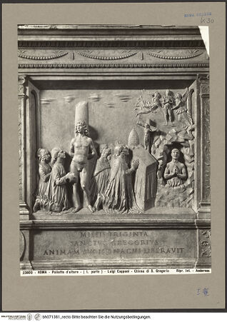 Vorderseite von Alinari [https://www.deutsche-digitale-bibliothek.de/content/lizenzen/rv-ez/] Antependium mit Szenen aus dem Leben des Heiligen Gregorius MagnoLinkes Relief: Heiliger Sebastian und Gregor der Große befreien eine Seele aus dem Fegefeuer - Linkes Relief: Heiliger Sebastian und Gregor der Große befreit eine Seele aus dem Fegefeuer, bh071381_recto. Foto.