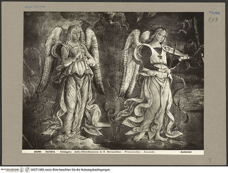 Vorderseite von Alinari [https://www.deutsche-digitale-bibliothek.de/content/lizenzen/rv-ez/] Szenen aus dem Leben des heiligen Bernhardin von SienaChristus in der Mandorla und die Heiligen Berhardin, Antonius von Padua und Ludwig von Toulouse - Detail: zwei musizierende Engel links, bh071389_recto. Foto.