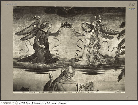 Vorderseite von Alinari [https://www.deutsche-digitale-bibliothek.de/content/lizenzen/rv-ez/] Szenen aus dem Leben des heiligen Bernhardin von SienaChristus in der Mandorla und die Heiligen Berhardin, Antonius von Padua und Ludwig von Toulouse - Detail: krönende Engel, bh071394_recto. Foto.