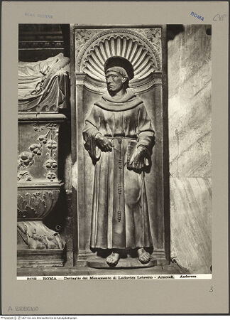Vorderseite von Alinari [https://www.deutsche-digitale-bibliothek.de/content/lizenzen/rv-ez/] Grabmal des Kardinals Louis d'Albret (auch: Ludovico de Lebretto, +1465)Rechtes Pilasterpostament: Heiliger Franziskus - , bh071523_recto. Foto.