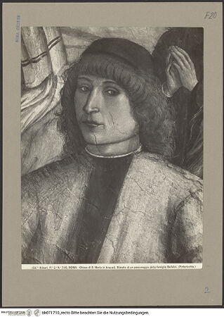 Vorderseite von Alinari [https://www.deutsche-digitale-bibliothek.de/content/lizenzen/rv-ez/] Szenen aus dem Leben des heiligen Bernhardin von SienaExequien des heiligen Bernhardin - Rechter Bildrand, Mann rechts, Detail: Oberkörper, bh071710_recto. Foto.