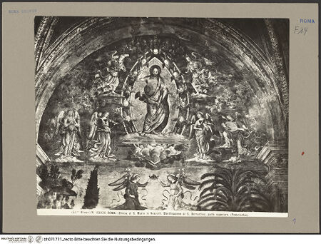 Vorderseite von Alinari [https://www.deutsche-digitale-bibliothek.de/content/lizenzen/rv-ez/] Szenen aus dem Leben des heiligen Bernhardin von SienaChristus in der Mandorla und die Heiligen Berhardin, Antonius von Padua und Ludwig von Toulouse - Detail: Lünette mit Christus in der Mandorla, bh071711_recto. Foto.