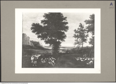 Vorderseite von unbekannt [https://www.deutsche-digitale-bibliothek.de/content/lizenzen/rv-ez/] Landschaft mit der Ankunft Erminias bei den Hirten (Szene aus dem Epos Gerusalemme liberata) - Gesamtansicht, bh073402_recto. Foto.