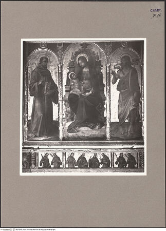 Vorderseite von Sopr. BAS NA [https://www.deutsche-digitale-bibliothek.de/content/lizenzen/rv-ez/] Madonna zwischen den Heiligen Franziskus und Johannes dem Täufer - Gesamtansicht, bh073853_recto. Foto.