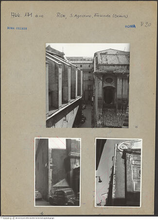 Vorderseite von Bibliotheca Hertziana [https://www.deutsche-digitale-bibliothek.de/content/lizenzen/rv-fz/] Sant'Agostino - Übergang zur Seitenfront, Teilansicht von Sockelgesims und Freitreppe, bh074165_recto. Foto.