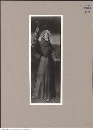 Vorderseite von Sopr. BAS NA [https://www.deutsche-digitale-bibliothek.de/content/lizenzen/rv-ez/] Heiliger Bernhard von Siena und Heiliger Franziskus - Heiliger Bernhard, bh074242_recto. Foto.