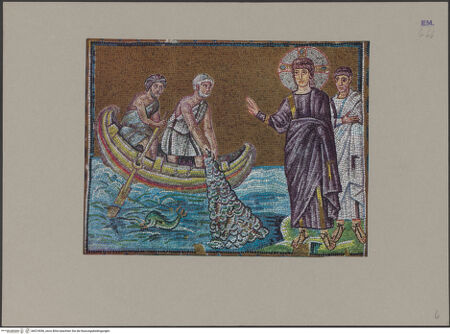 Vorderseite von unbekannt [https://www.deutsche-digitale-bibliothek.de/content/lizenzen/rv-ez/] Mosaiken im LanghausEvangelienseite mit weiblichen HeiligenSzenen aus dem Leben Christi: die Berufung von Petrus und Andrea - Gesamtansicht, bh074556_recto. Foto.