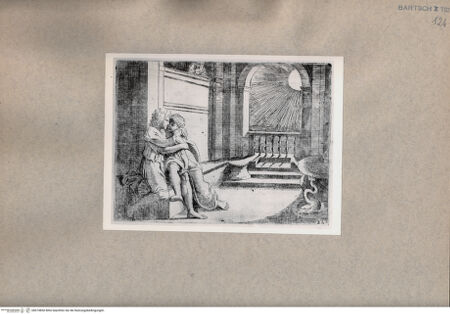 Vorderseite von  [http://creativecommons.org/publicdomain/mark/1.0/] Abimelech beobachtet Isaak und dessen Frau Rebekka - , bh074850. Foto.