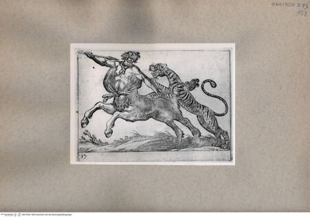 Vorderseite von  [http://creativecommons.org/publicdomain/mark/1.0/] Ein Zentaur und ein Tiger im Kampf - , bh075041. Foto.