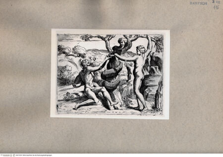 Vorderseite von  [http://creativecommons.org/publicdomain/mark/1.0/] Eva bietet Adam die verbotene Frucht an - , bh075391. Foto.