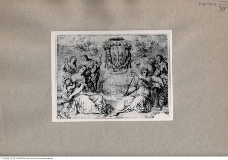 Vorderseite von  [http://creativecommons.org/publicdomain/mark/1.0/] Allegorien der Caritas und der Justitia vor einem Wappen - , bh076897. Foto.