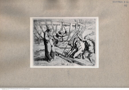 Vorderseite von  [http://creativecommons.org/publicdomain/mark/1.0/] Noah baut mit Hilfe seiner Söhne die Arche - , bh076982. Foto.
