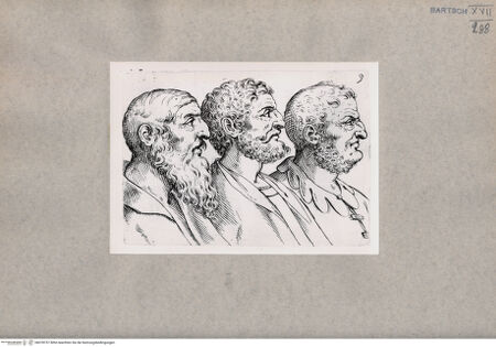 Vorderseite von  [http://creativecommons.org/publicdomain/mark/1.0/] Drei Männer im Profil - , bh078757. Foto.