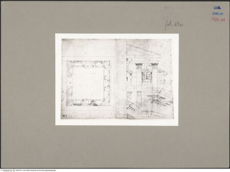 Vorderseite von Kunstbibliothek [https://www.deutsche-digitale-bibliothek.de/content/lizenzen/rv-ez/] Codex Destailleur DMars-Tempel: Grundriss des quadratischen Tempels, Teilaufriss, Gebälk und Gesimse - , bh079277_recto. Foto.