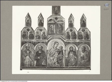 Vorderseite von Alinari [https://www.deutsche-digitale-bibliothek.de/content/lizenzen/rv-ez/] Madonna in Halbfigur zwischen Johannes dem Evangelisten, dem Heiligen Donatus, Johannes dem Täufer und dem Evangelisten Matthäus, die Verkündigung und Himmelfahrt Mariens und weitere Heilige und Propheten - Gesamtansicht, bh079715_recto. Foto.