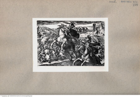 Vorderseite von  [http://creativecommons.org/publicdomain/mark/1.0/] Schlachtszene mit zwei kämpfenden Reitern im Vordergrund - , bh080048. Foto.