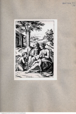 Vorderseite von  [http://creativecommons.org/publicdomain/mark/1.0/] Maria mit Jesuskind und Johannes dem Täufer vor einer Palme - , bh080190. Foto.